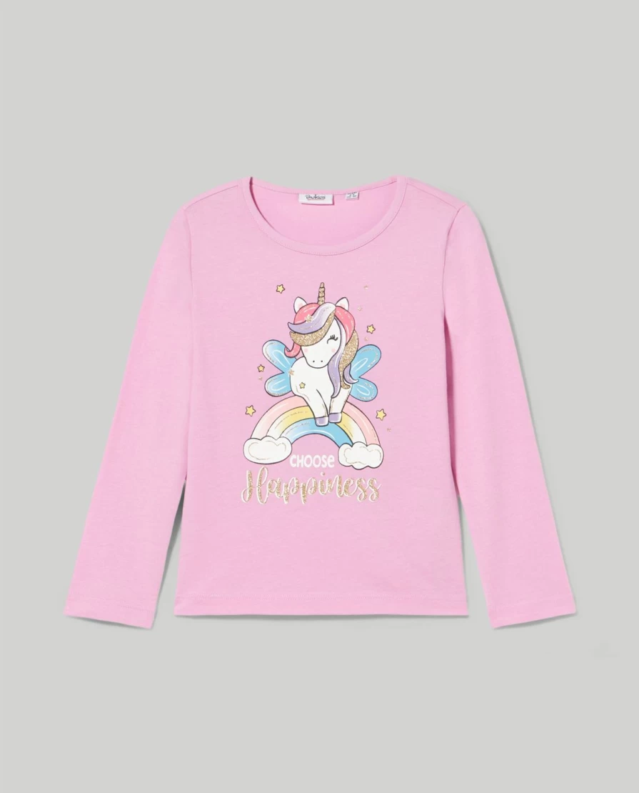 "Blukids Girls' Long Cotton T-Shirt with Sparkling Glitter Print – Comfortable & Stylish Kids Apparel"