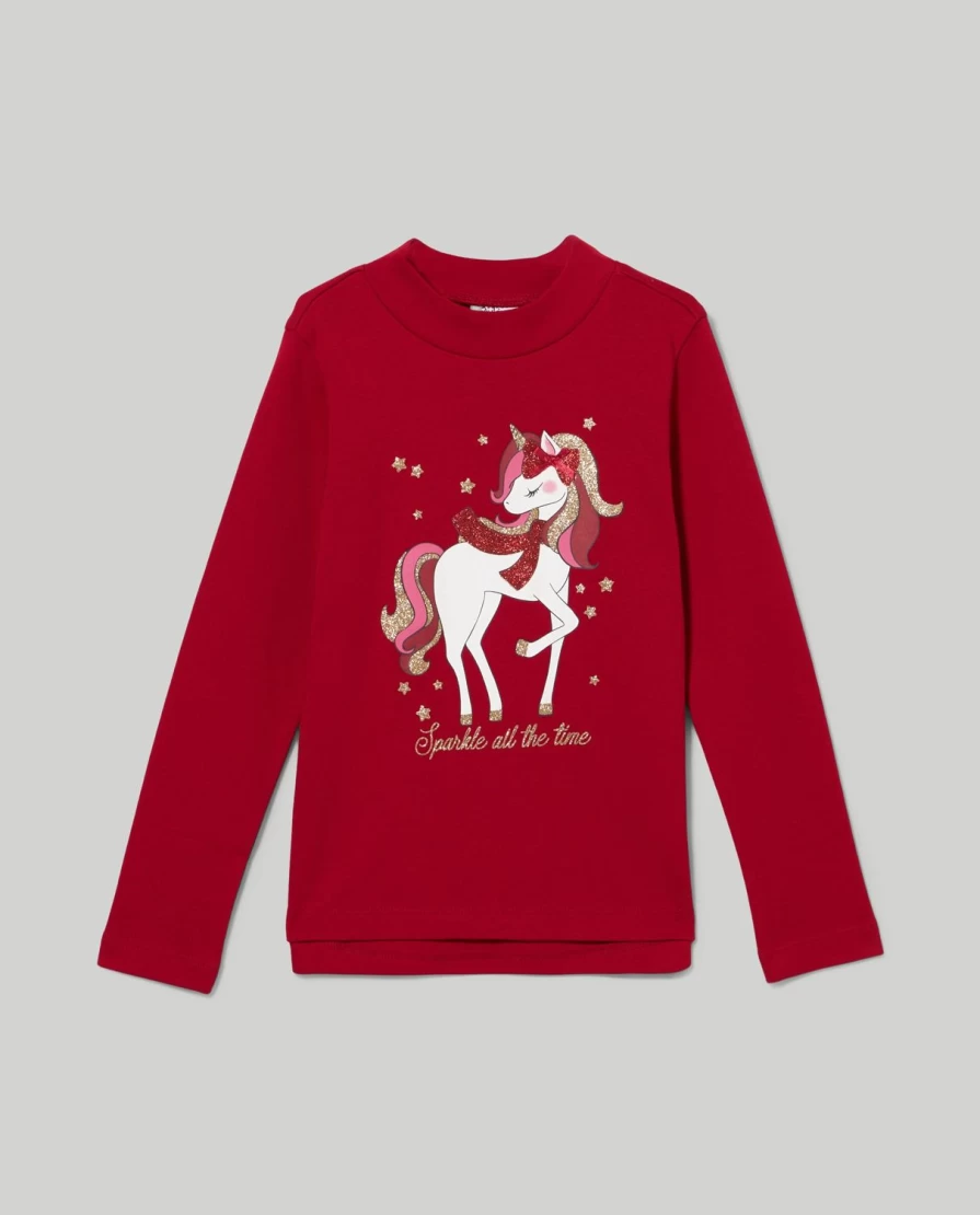 Blukids Girls' Glitter Print Interlock Turtleneck Top for Children