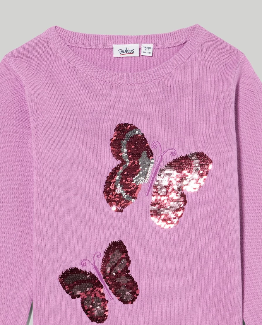 Blukids Girls' Pure Cotton Crewneck Tricot Top with Sequins | Children's Sparkly Shirt
