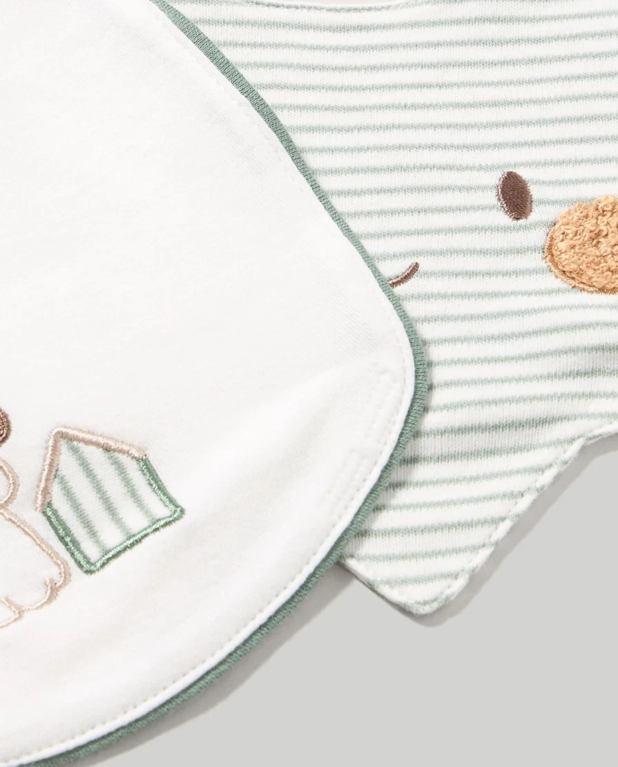 Blukids Pack Of 2 Embroidered Cotton Bibs For Babies - Soft And Absorbent Newborn Bib Set