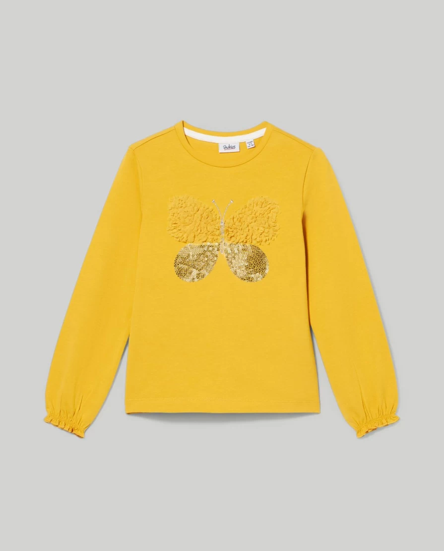 "Blukids Girls' Stretch Cotton T-Shirt with Sparkly Sequins & Voile Detail"