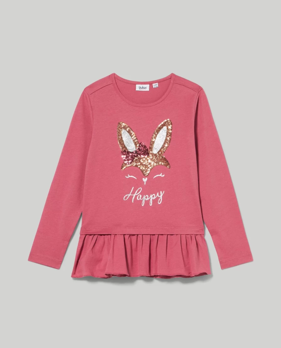 Blukids Girls' Ruffle Detail Pure Cotton T-Shirt | Soft & Comfortable Kids Tee