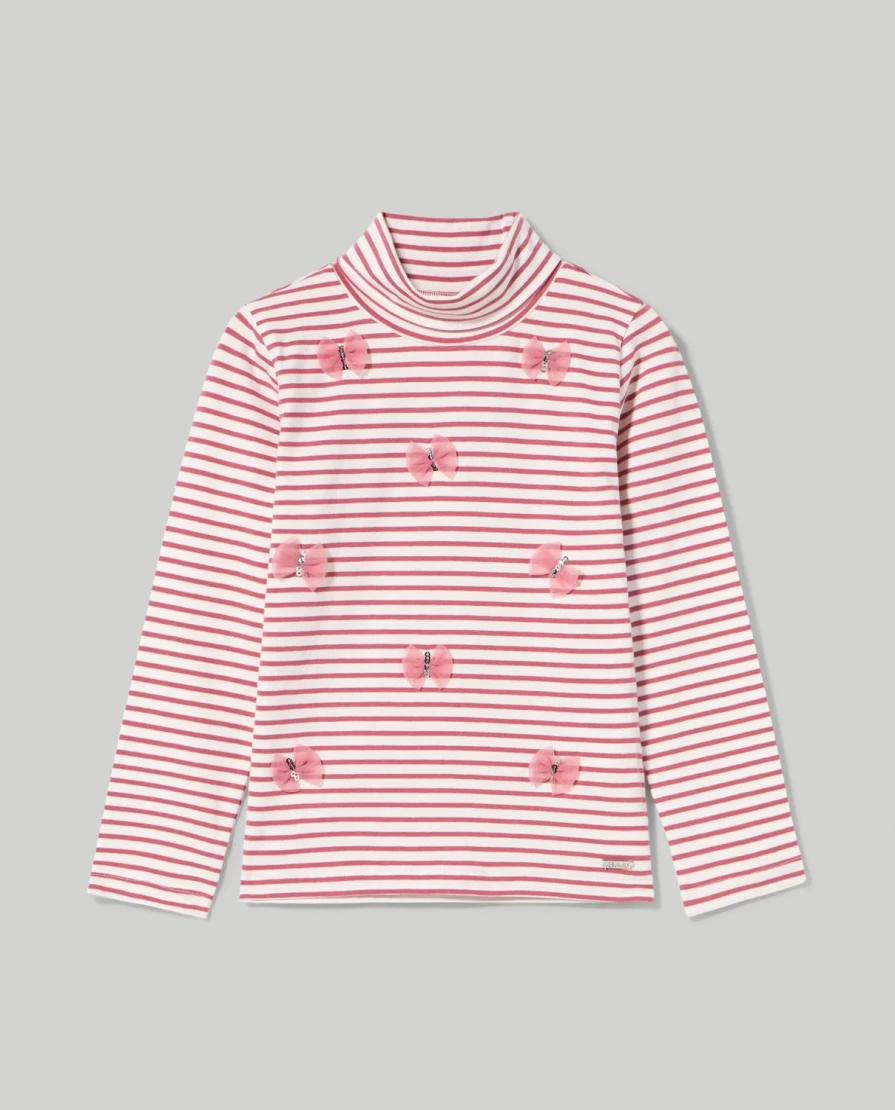 Blukids Girls' Striped Turtleneck Top with Georgette Trim and Sequin Details