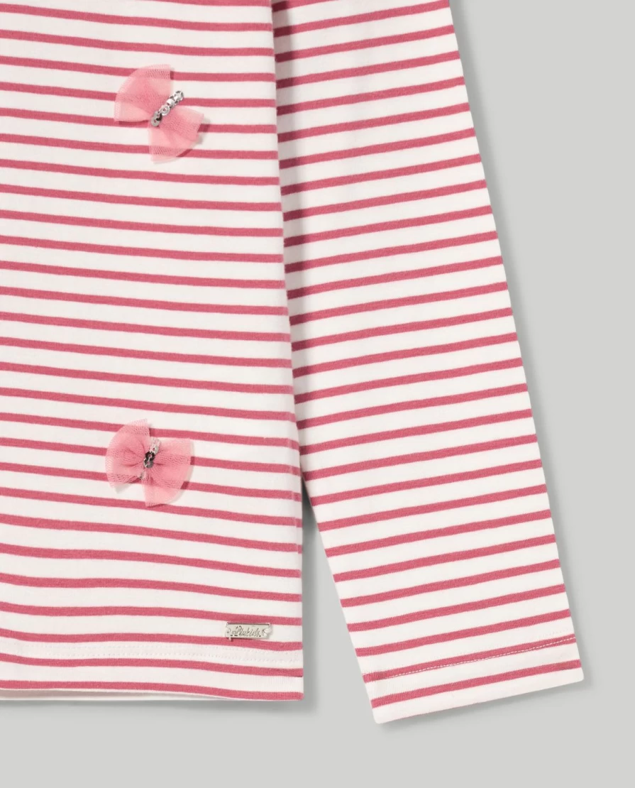 Blukids Girls' Striped Turtleneck Top with Georgette Trim and Sequin Details
