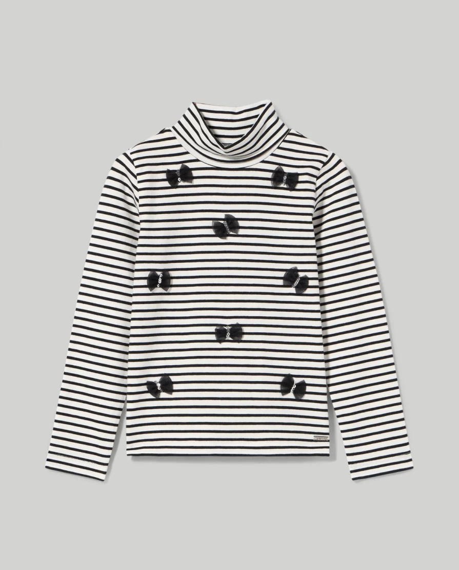 Blukids Girls' Striped Turtleneck Top with Georgette & Sequin Details