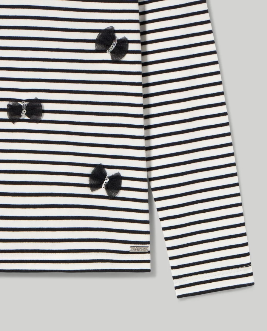 Blukids Girls' Striped Turtleneck Top with Georgette & Sequin Details