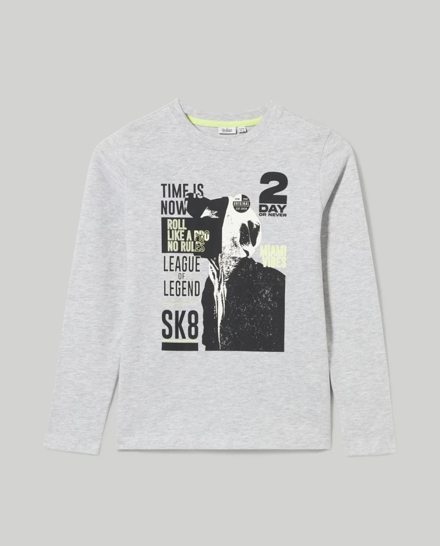 Blukids Youth Melange Cotton T-Shirt with Fun Boy Print - Soft Casual Tee for Kids