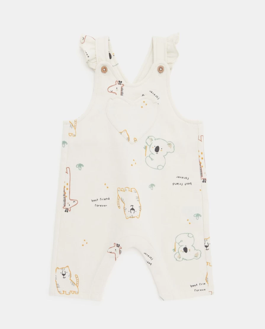 "Blukids Pure Cotton Dungarees Onesie with Print and Ruffles for Newborns"
