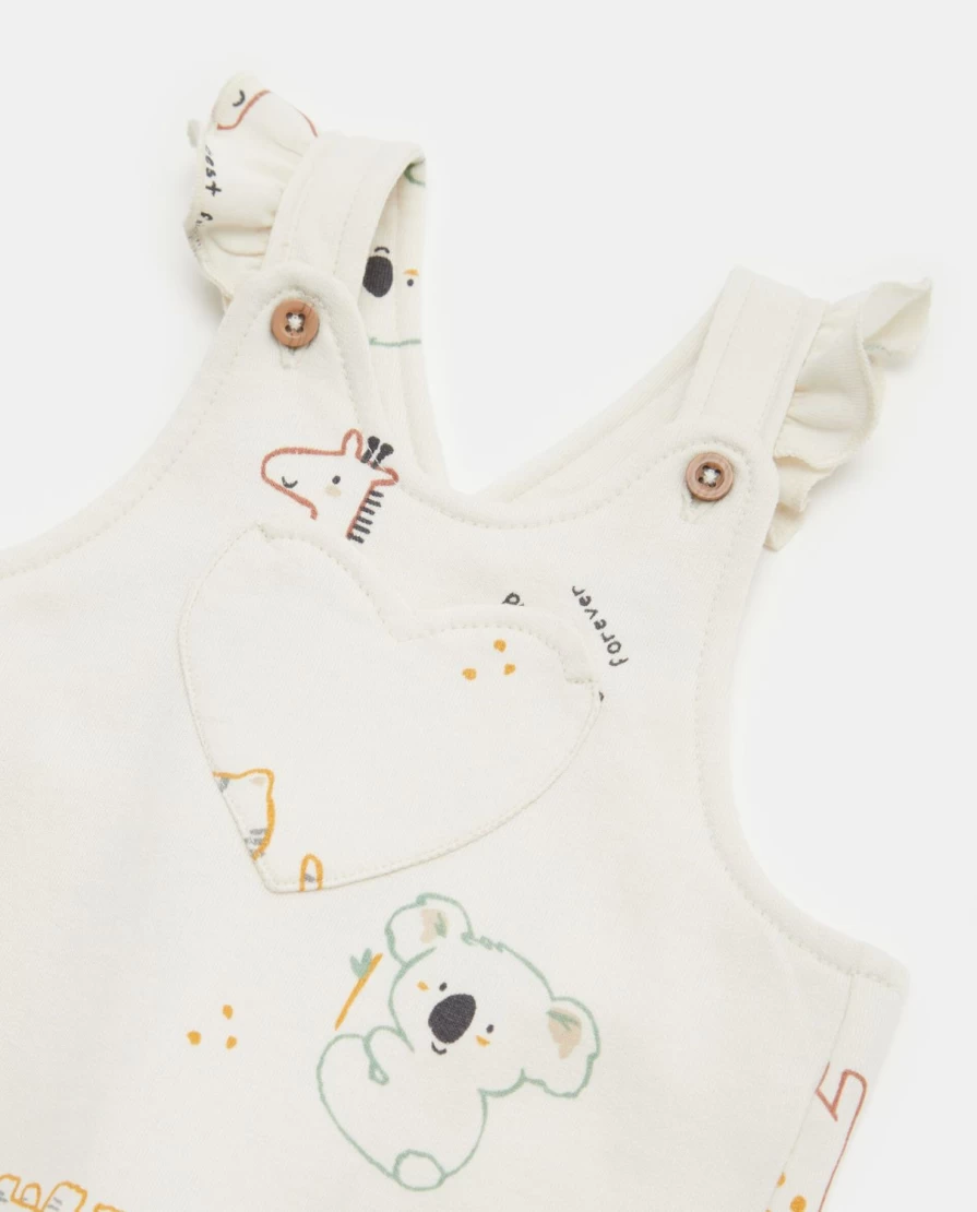 "Blukids Pure Cotton Dungarees Onesie with Print and Ruffles for Newborns"