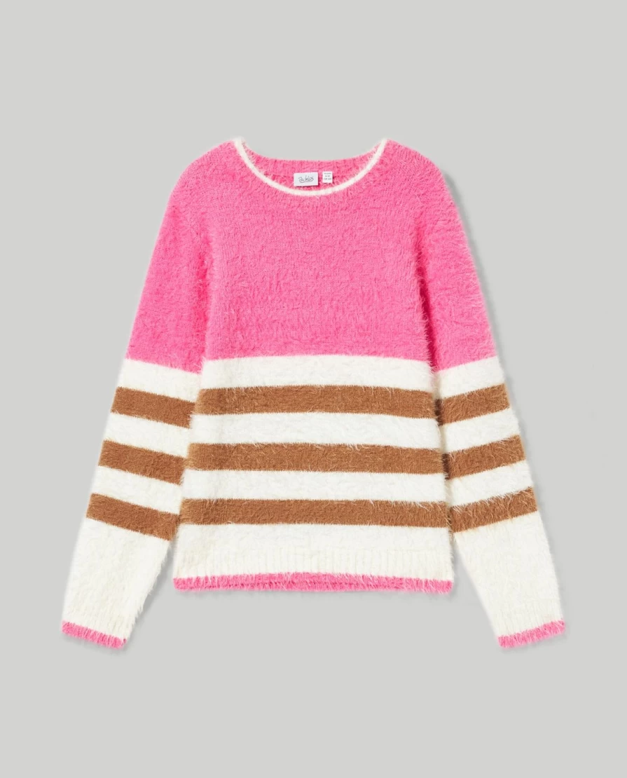 Blukids Youth Striped Tricot Sweater with Faux Fur Yarn for Girls