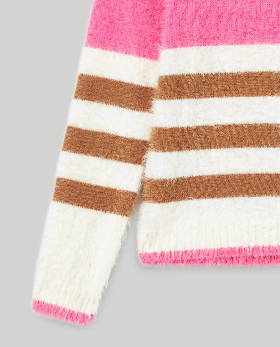 Blukids Youth Striped Tricot Sweater with Faux Fur Yarn for Girls