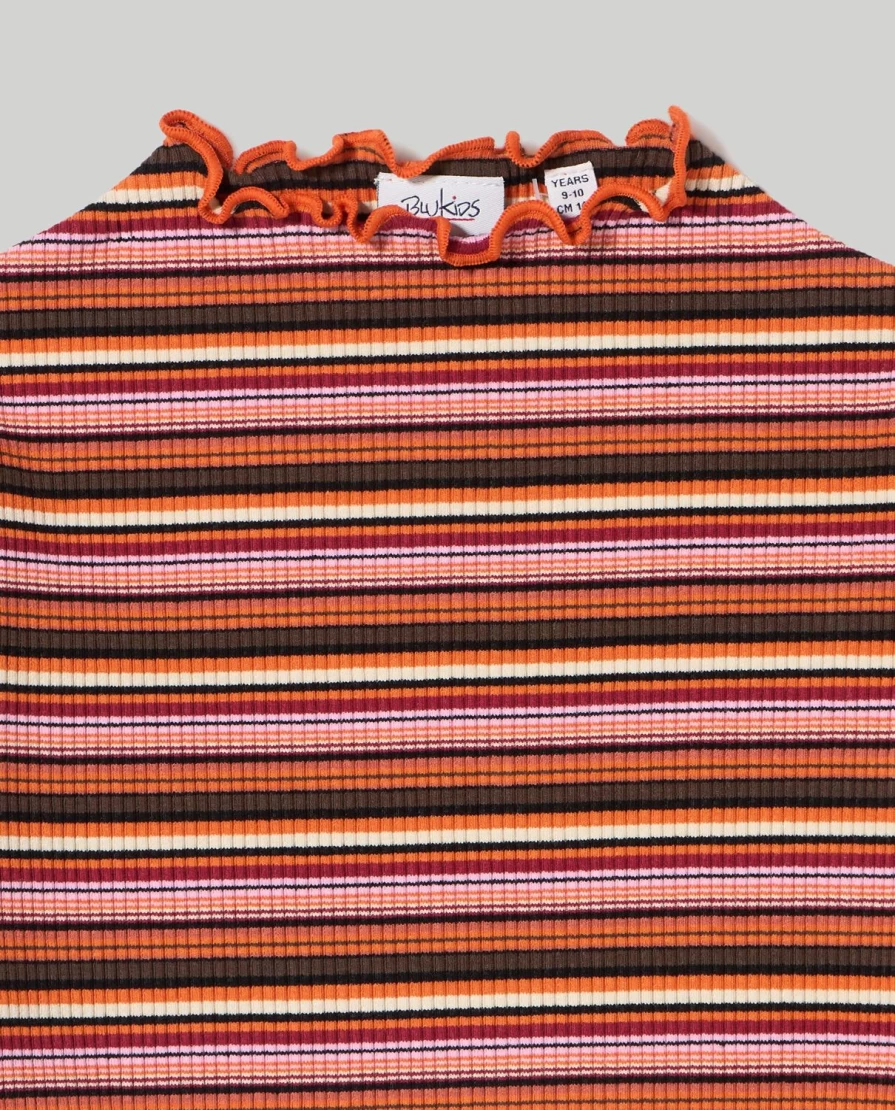 Blukids Youth Striped Ribbed T-Shirt for Girls - Yarn-Dyed Cotton Tee