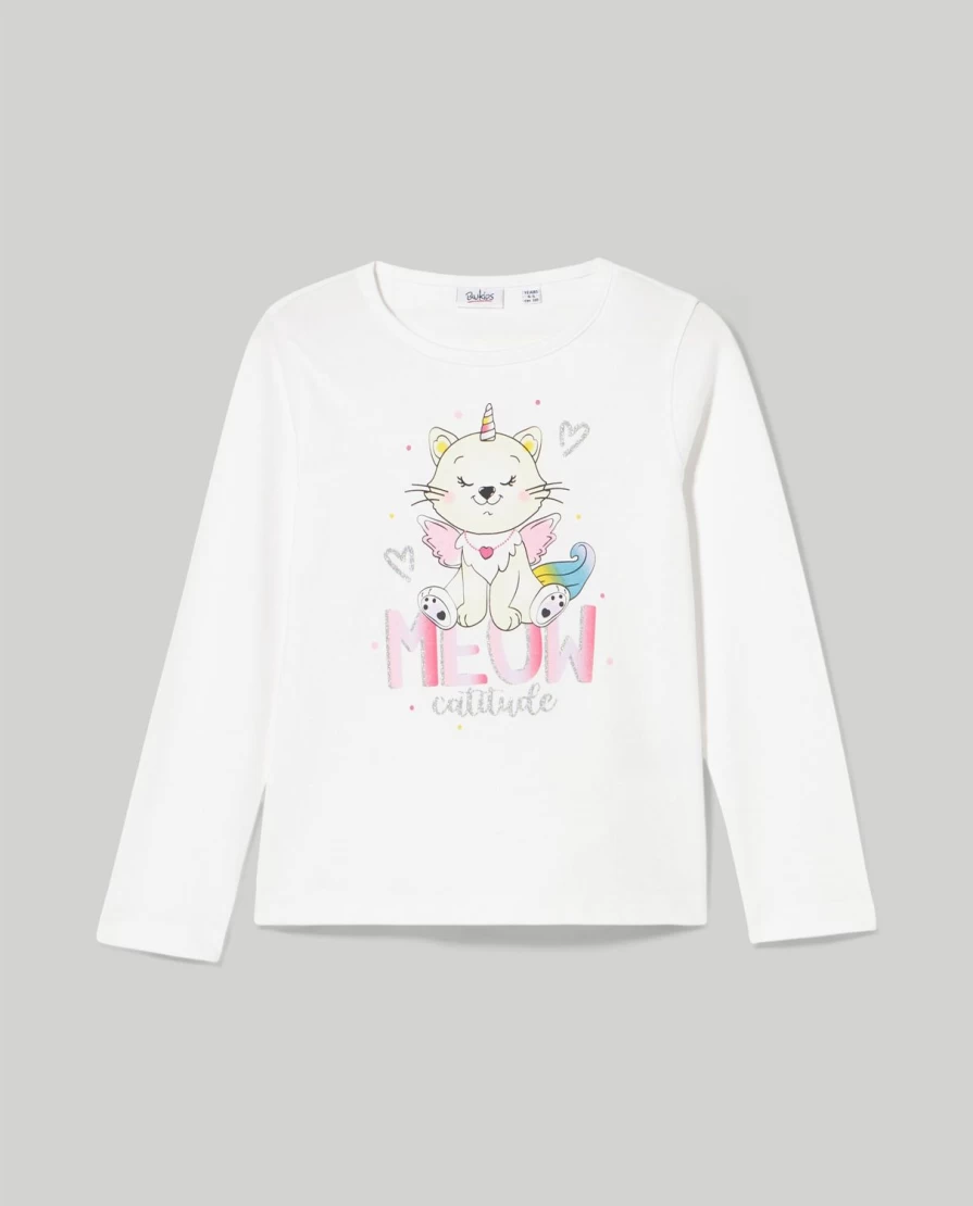 "Blukids Girls' Long Cotton T-Shirt with Sparkling Glitter Print – Comfortable & Stylish Kids Apparel"